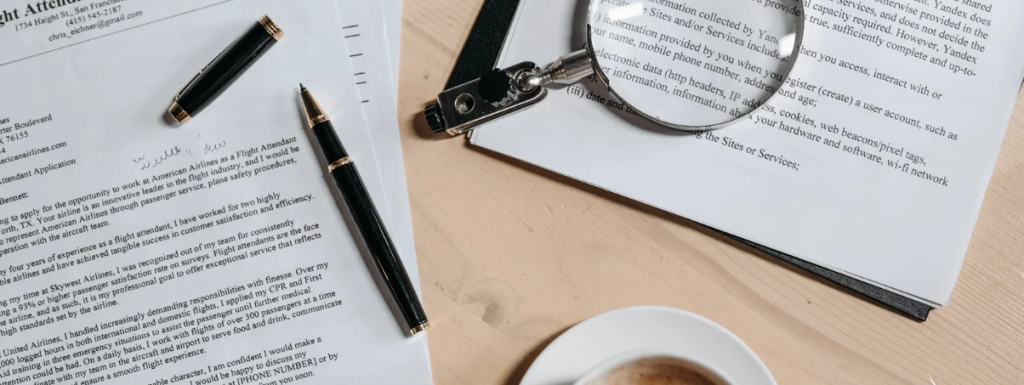 An image of a cover letter with a pen, cup of coffee, and magnifying glass. 